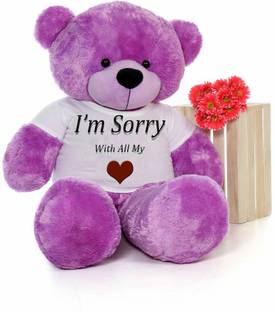 Hug 'n' Feel SOFT TOYS ® Big Teddy Bear Wearing "I am Sorry with All" T-Shirt (Purple, 4 Ft)  - 48 inch