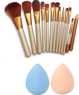 Dhaniji Makeup Brush Set Of 12 + 2 Pcs Beauty Blender (Pack of 14) (14 Items in the set)