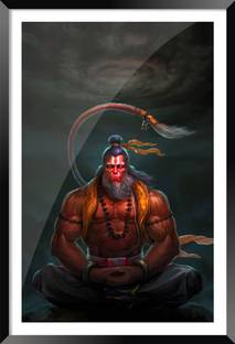 DBrush Lord Hanuman Ji Meditation Artwork Glass framed Bajarangbali Blessing photoframe Digital Reprint 18 inch x 12 inch Painting