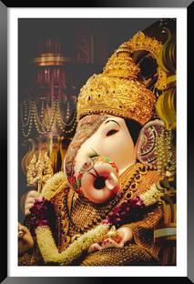 DBrush Lord Ganesha Artwork Photo With Glass Framed Ganesh Ji Home Poojaroom Art (V10) Digital Reprint 18 inch x 12 inch Painting