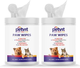 Petvit Nose And Paw Wipes For Eliminates Bacteria, Virus, Fungus, Odor - Fragrance Less 50 Wipes |For All Age Group | Pack of 2 Pet Ear Eye Wipes