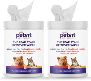 Petvit Eye Tear Stain Remover Wipes For Dogs And Cats l Keep Your Pets Eye Area Clean & Healthy - Fragrance less 50 wipes | For All Age Group | Pack of 2 Pet Ear Eye Wipes