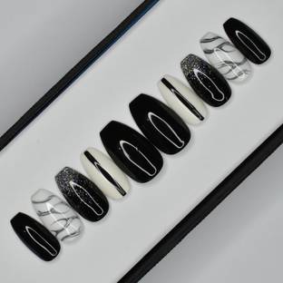 The NailzStation Glossy Black Marble Glitter Press on Nails Set in Coffin Black