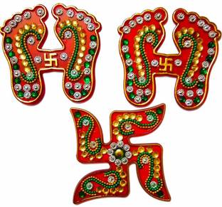 Dms Retail Designer Acrylic Stone Studded Laxmi Charan and Swastik Sticker for Door Decoration Shubh Labh Stickers for Diwali Decoration Stickers for Wall Decorations Pack of 3