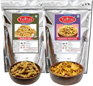 Yuvraj Food Product Garlic bhujiya ( Lashun sev ) & namkeen mixture bikaneri hande made snacks combo pack of 2 (350 gm x 2 )