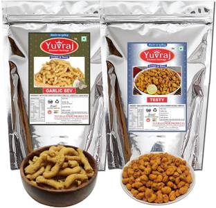 Yuvraj Food Product Garlic bhujiya ( Lashun sev ) & Sing bhujiya Testy bikaneri hande made snacks combo pack of 2