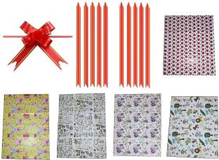 MOREL 5 PAPER OF DIFFERENT DESIGN PRINTED GIFT WRAPPING PAPER (19X28 INCH) AND RED PULL FLOWER RIBBON (10 PCS, size-23CM) FOR PACKING, BIRTHDAY, DIWALI,SPECIAL OCCASION GIFT