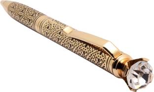 Ledos Exclusive Trophy Gold Plated Ballpoint Pen Clear Crystal Diamond On Top Etching Work Done On Body Ball Pen