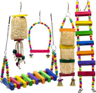 GREENBIRDS TOYS Combo #24 Of Colorful Wooden Bird Ladder & Mesh Bird Ladder With 2 beautiful Hangings & Bird Swing Colorful Natural Wood Parrot Toys Cage Accessories Resting Toy Wooden Training Aid For Bird & Bird Wooden Chew Toy, Training Aid, Perch For Bird Bird Play Stand