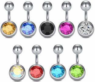GadgetsDen Navel Belly Button Piercing Bar Curved Barbell Body Silver Color Jewelry Ring Set for Women - 9 Pcs (Multicolour) Stainless Steel Charm Set