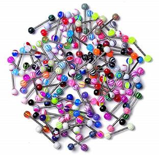 GadgetsDen tainless Steel Pattern Design Acrylic Ball Tongue Piercing Tepel Bar Barbell Body Jewelry Ring Set for Men/Women - 10 Pcs (Multicolor) Metal Stud Earring