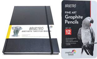 BRuSTRO Artists� FINEART Graphite Pencil Set of 12 (10B-2H), with Stitched Bound Sketch Book A5.