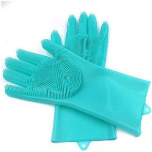 crazysales Silicone Kitchen Magic Gloves for Dishwashing Rubber Dish Washing with Brush Cleaning Scrubber – 1 Pair Wet and Dry Glove