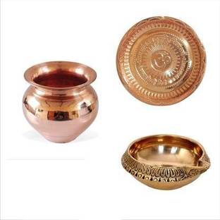 Kriti Combo of Copper Puja Thali , Lota Kalash, Kuber Deepak Copper Kalash