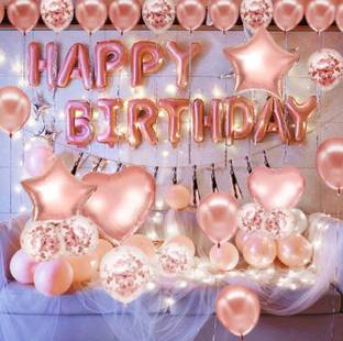 Bash N Splash Solid Rose gold Happy Birthday Party Decoration Pack With confetti star heart balloon with pump (Pack of 53) Balloon