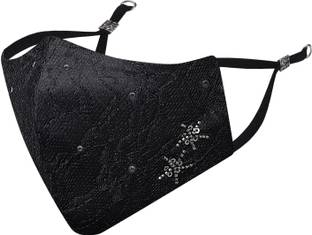 MASQ Anti-Pollution, Anti-Bacterial (BFE>99%) 4 Layer Embroidered, Designer, Fashionable & Protective Satin Cloth Face Mask Combo for Women, Girls with Detachable Chain, Size Adjustable Ear Loops & Mask Bag Starburst_Black_Medium_01 Reusable, Washable Cloth Mask