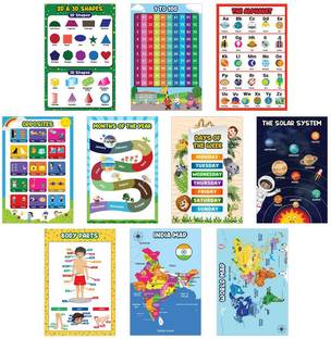 kids educational posters - Charts for Kids Learning - Preschool Kids posters - kids study poster in nursery - 2D & 3D Shapes, Counting 1 to 100, Alphabets ABCD, Opposite, Months of the year, Days of the week, Solar System, World map, India map and Body parts posters and charts Paper Print