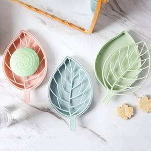 PRL TRADERS 3Pcs Beautiful Leaf Shape Double Layer Soap Dish Case Holder Bathroom Accessory - Multicolor (Leaf Soap Dish - Set of 3)