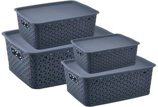 Flipkart SmartBuy Plastic Combo Of 4 Multi-Size Multipurpose Basket Storage Premium Plastic With LID Storage Basket Storage Basket