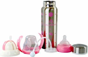 DOMENICO 3 in 1 Baby Feeding Bottle Thermo-Stainless Steel Multifunctional-Sipper, Nipple & Straw 240 ML ( for 4+ Month Baby ) (Pink) - 240 ml
