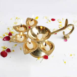 Rolimoli Pure Brass Punch Mukhi Aarti table diya set of 1 Brass Table Diya