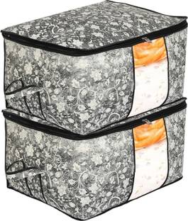 KUBER INDUSTRIES Designer Metalic Flower Print Non Woven 2 Pieces Underbed Storage Bag,Cloth Organiser,Blanket Cover with Transparent Window (Black)-34_S_KUBMART16599 34_S_KUBMART016599