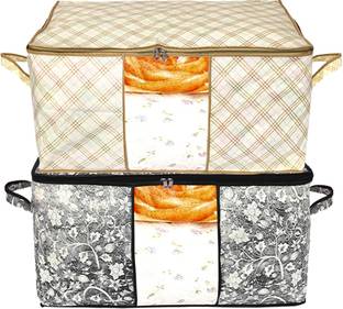KUBER INDUSTRIES Designer Metalic Flower,Checkered Print Non Woven 2 Pieces Underbed Storage Bag,Cloth Organiser,Blanket Cover with Transparent Window (Black & Ivory)-34_S_KUBMART16629 34_S_KUBMART016629