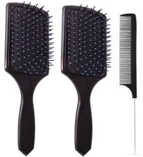 E-DUNIA Professional Smart Look Big Hair Paddle Rectangular Cushion Brush (2) & Black Carbon Rat tail , Sectioning comb with Steel Handle with Non-skid Paddle for hair styling (1) [ Pack Of 3 ]