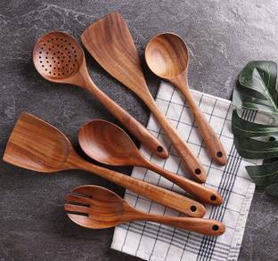 ACE WOOD CRAFTS Wooden Kitchen Utensil Set 6 Cooking Utensils Spatula Spoons for Cooking Nonstick Cookware, 100% Handmade by Natural Teak Wood ( pack of 6) Kitchen Tool Set