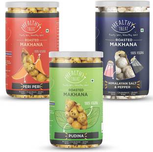 Healthy Treat Roasted Makhana Combo - Peri Peri + Pudina + Himalayan Salt & Black Pepper, 70 g Each, 210 g | Gluten Free | Vegan | Healthy Snacks