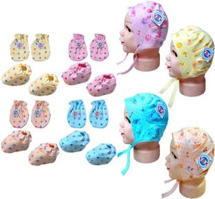 V.B.K Baby Boy and Baby Girl Mittens-Booties and Cap Combo Set / Baby Shower Gift Set, 4 Pair Of Hand Mitten, 4 Pair Of Leg Booties and 4 Piece Of Cap, Pure Hosiery Soft Fabric, 0 to 6 Months