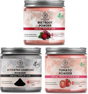 puranex 100% Natural & Pure Beet Root Powder For Healty Pinkish Skin & Rosy Cheeks, Glowing & Shiny Skin & Activated Charcoal Powder For Natural Deep Cleansing, Exfollating & Detoxifying ,Whitening & Brighting Face & Tomato Powder For Brighten up Complexion, Reduce Acne & Age Spot, Fine Line (Face Pack for Men & Women) 300 GM (Pack of 3) 100 GM Each