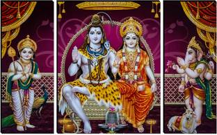 Indianara 3 PC SET OF SHIV PARIWAR MDF PAINTING (3492 FL) WITHOUT GLASS Digital Reprint 12 inch x 18 inch Painting