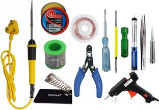 FADMAN Electric 25W Soldering Iron Kit - Set of 12 PT-12|Solder Wire|Cutter|Stand|Paste|2 IN 1 Screw Driver|Wick|Tweezer|Tester|Pump|Bit|20W Glue Gun|Yellow+Black 25 W Simple