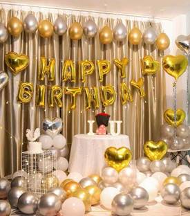 Devansh enterprises Solid Golden Happy Birthday Foil balloon With Metallic Golden Silver Balloons(Pack Of 43) Letter Balloon