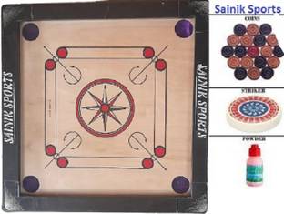 Sainik sports 20 INCH Wooden Round Pocket Carrom with 24Coins, 1Striker and Carrom Powder 50 cm Carrom Board