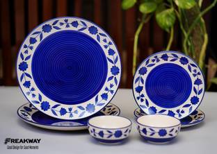 FREAKWAY Pack of 6 Ceramic Floral Ceramic Handmade Couple Goal Dinner Set with Dinner Plates(10 inch)Set of 2 with Serving Bowl set of 2 & Quarter Plate(7 inch)(Set of 2,) Dinner Set