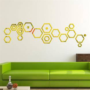 wall1ders 100 cm Wall1ders 3D Acrylic 3D Mirror Home & Office 24 piece hexagon shape golden (Pack of 24) Self Adhesive Sticker