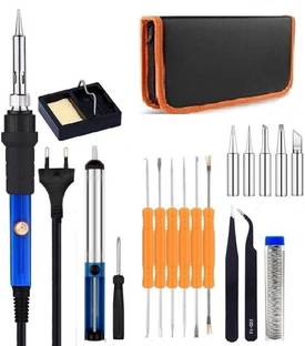 Corslet Soldering Iron Kit with Adjustable Temperature Welding Iron, 5pcs Tips, Desoldering Pump, 2pcs Tweezers, Tin Wire Tube, Stand and 6pcs Aid Tools in PU Carry Bag 100 W Simple