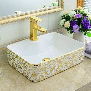 Tap & Tile Premium quality Golden White ceramic imported table top wash basin size 480 x 370 x 135mm white_goldtap_22 Counter Top