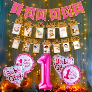 Anayatech Pink 1st Birthday Decoration for Baby Girl with Warm Led Light Set I Am One Banner, 1-12 Month Milestone Banner, Number 1 Foil Balloon and Round Foil Balloons Combo-8Pcs.