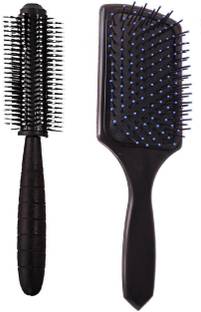 E-DUNIA Best Combo of Cushion Paddle Hair Brush and Round Hair Comb Brush with Soft Nylon Bristles for Women and Men
