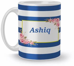 Beautum Name Ashiq Blue Stripes Pattern Printed White Ceramic (350)ml Model No:NVS2279 Ceramic Coffee Mug