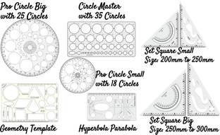 Upyukat Plastic Pro Circle BIG with 25 Circles, Pro Circle SMALL with 18 Circles, Hyperbola- Parabola Template, Geometry Template with 16 shapes, Circle Master with 35 circles, Set Square Small (Size 200mm x 250 mm), Set Square Big (Size 250mm x 300mm) Drafting Scale Ruler Very Useful to Architect, Engineering Students, Office Employee (Set of 5) Ruler