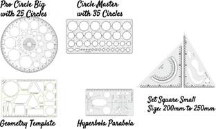 Upyukat Plastic Pro Circle BIG with 25 Circles, Hyperbola- Parabola Template, Geometry Template with 16 shapes, Circle Master with 35 circles and Set Square small, size 200mm x250mm Drafting Scale Ruler Very Useful to Architect, Engineering Students, Office Employee (Set of 5) Ruler