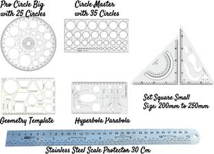 Upyukat Plastic Pro Circle BIG with 25 Circles, Hyperbola- Parabola Template, Geometry Template with 16 shapes, Circle Master with 35 circles and Set Square small, size 200mm x250mm, Stainless steel scale Protector 30cm, Drafting Scale Ruler Very Useful to Architect, Engineering Students, Office Employee Ruler