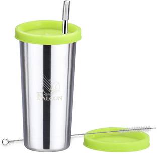 Marwall Lassi Glass With Straw & Extra Travel Lid & Cleaning Brush-Green Lid Glass Water/Juice Glass