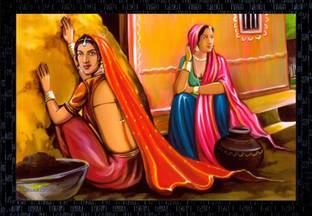 Janki Online Modern Art Canvas Rajasthani Village Scenery Large Glass Wall Paintings with Frame for home decoration item for bedroom for sale Canvas 14 inch x 20 inch Painting