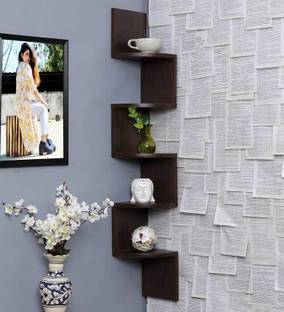 CLICKBAZZAR Wooden Corner Mount Wall Shelves Zigzag Shape (Number of Shelves - 5, Brown)MDF Wooden Wall Shelf