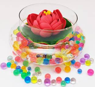 Decorzone Beautiful Round Clear Vase with Floating Red Lotus Flower and Multicolour Silicon Jelly Beads Earthenware Vase